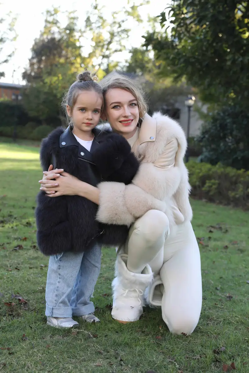 Children's Parent and Child Leather Collar Fox Fur Winter Coat m2