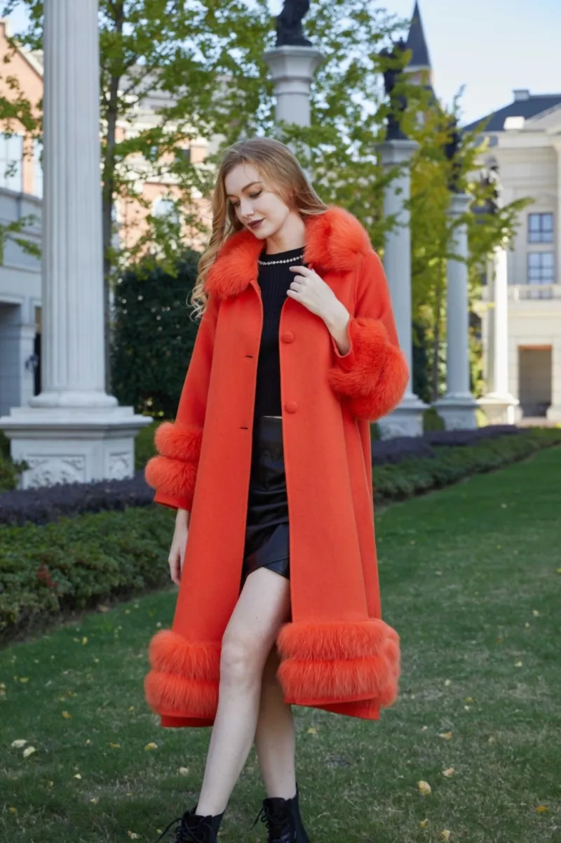 Women's Double Sided Cashmere Coat with Two Sections of Fur Collar at Hem and Cuffs