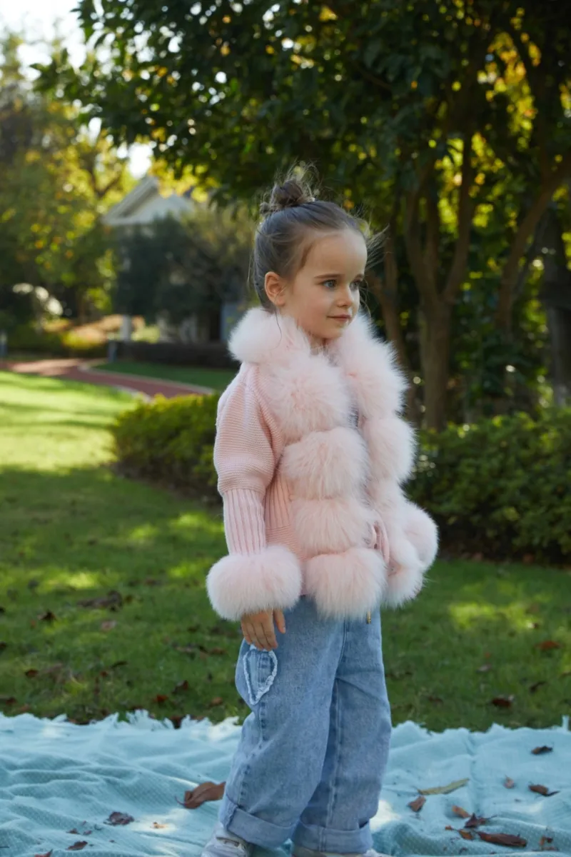 Autumn And Winter Children's Model Cuff Lapel Fox Fur Knitted Jacket M4