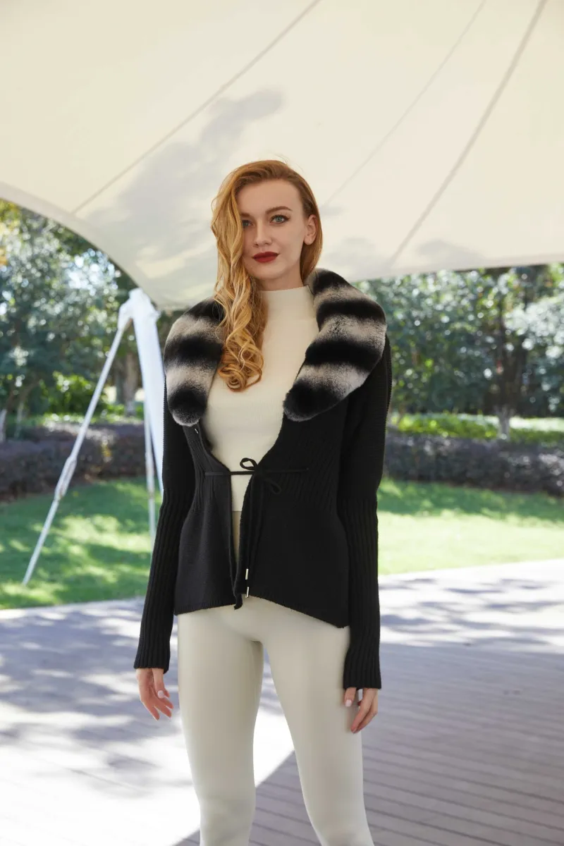 Knitted Rabbit Fur Collar Women's Sweater Coat
