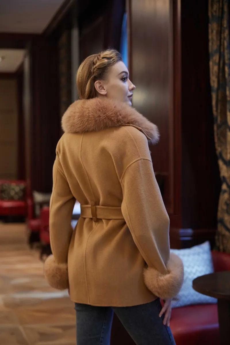 Women's Reversible Cashmere Coat Mid-Length Waistcoat Cuffs Collar With Fur m5