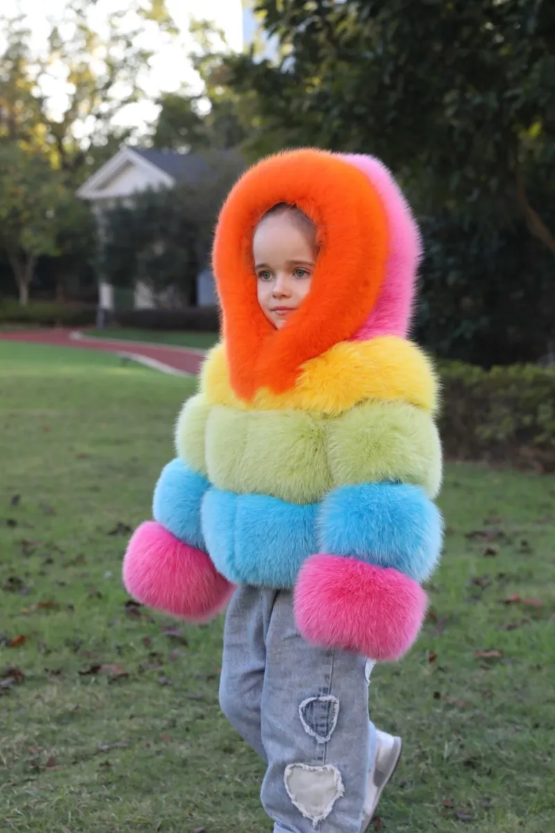 New children's winter three sections splicing fox fur hooded jacket colorful coat m5