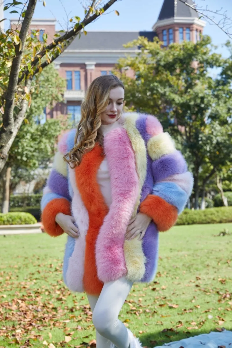 Women's Vertical Stripe Mid-Length Eco-Fox Fur Coat m2