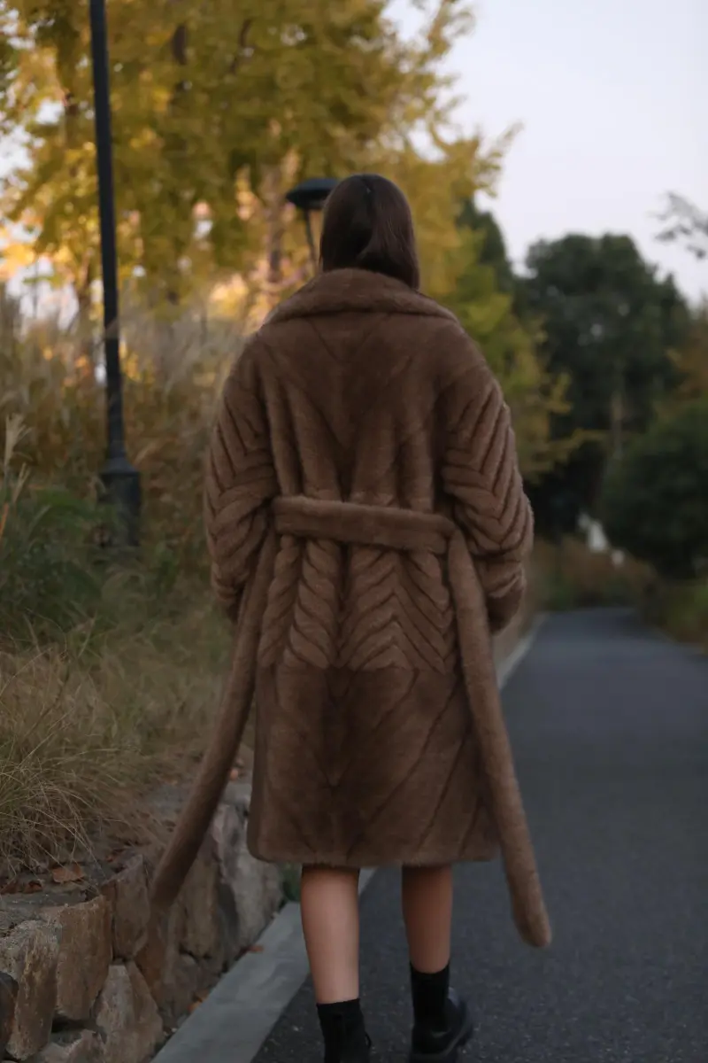 Women's New Fashionable Brown Lace-up Long Faux:Eco Mink Coat m6