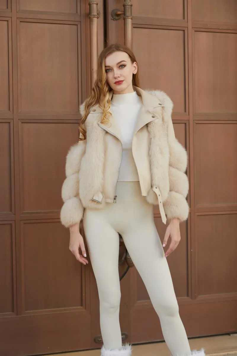 Women's Fall and Winter Fashion Leather Collar Fox Fur Parka