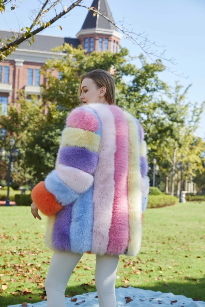 Women's Vertical Stripe Mid-Length Eco-Fox Fur Coat m4