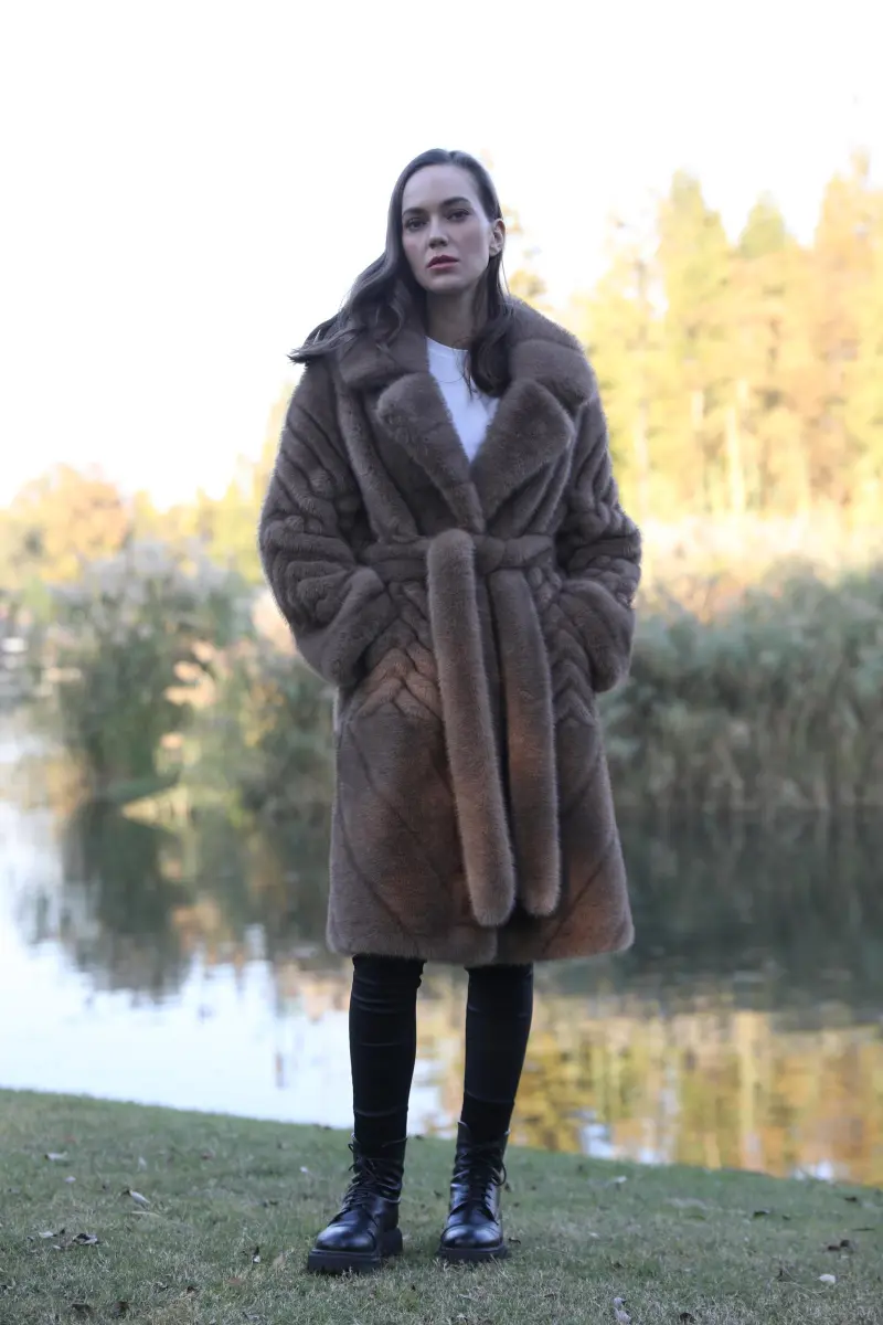 Women's New Fashionable Brown Lace-up Long Faux:Eco Mink Coat m4