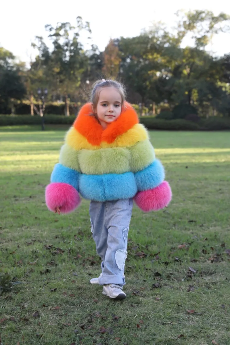 New children's winter three sections splicing fox fur hooded jacket colorful coat m2