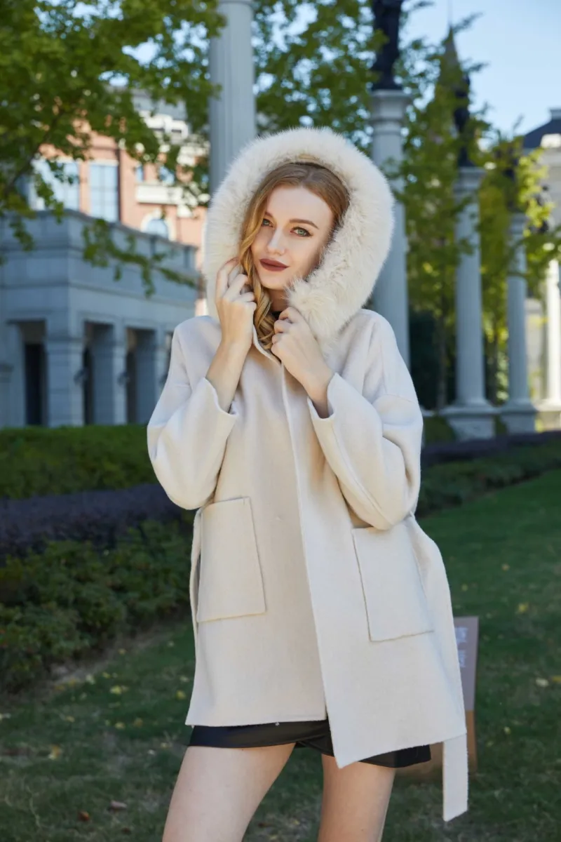 Double-sided Cashmere Mid-length Hooded Large Hair Collar Coat Women's Winter Coat m4