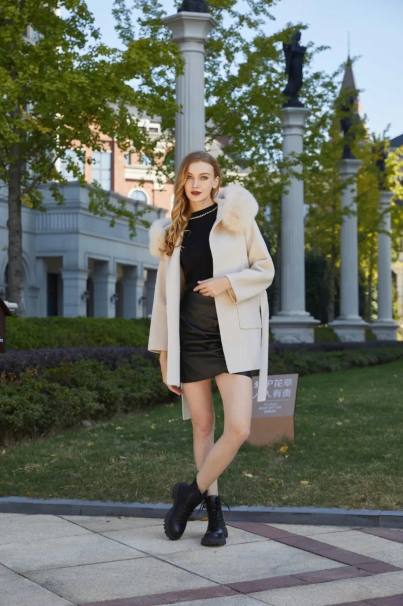 Double-sided Cashmere Mid-length Hooded Large Hair Collar Coat Women's Winter Coat m1