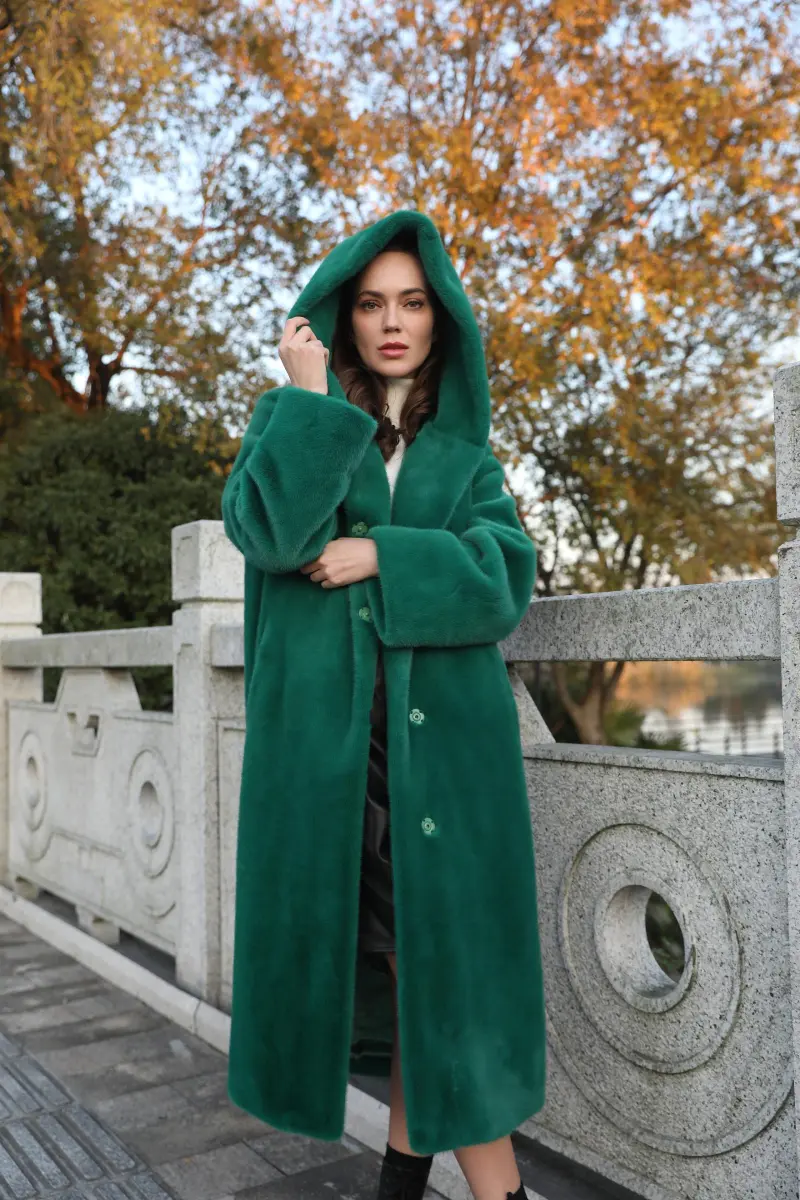 Women's Winter Fashion Windproof Hooded Pure Color Imitation Mink Eco Fur Coat m4