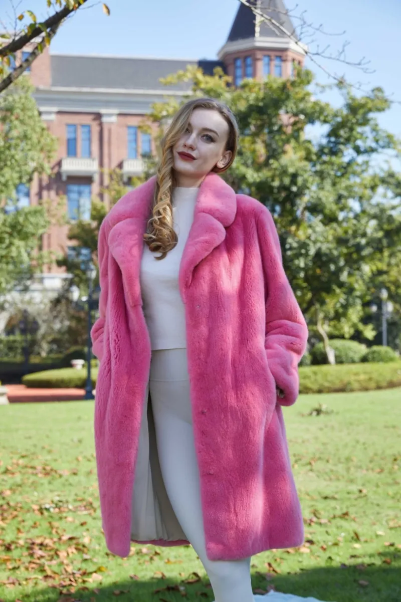 Women's High Quality Suit Collar Mid-Length Mink Pink Coat m2