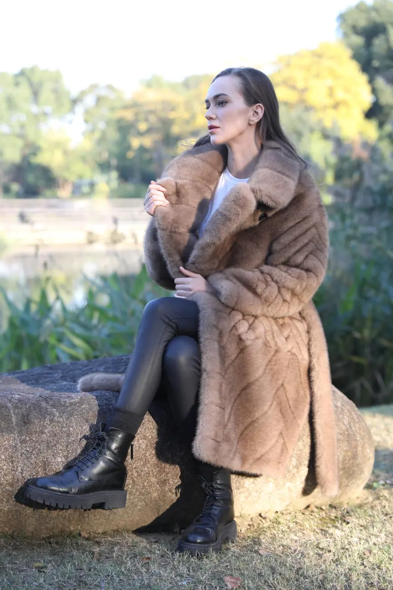 Women's New Fashionable Brown Lace-up Long Faux:Eco Mink Coat m1