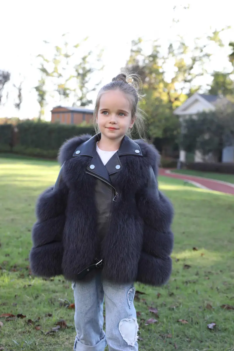 Children's Parent and Child Leather Collar Fox Fur Winter Coat