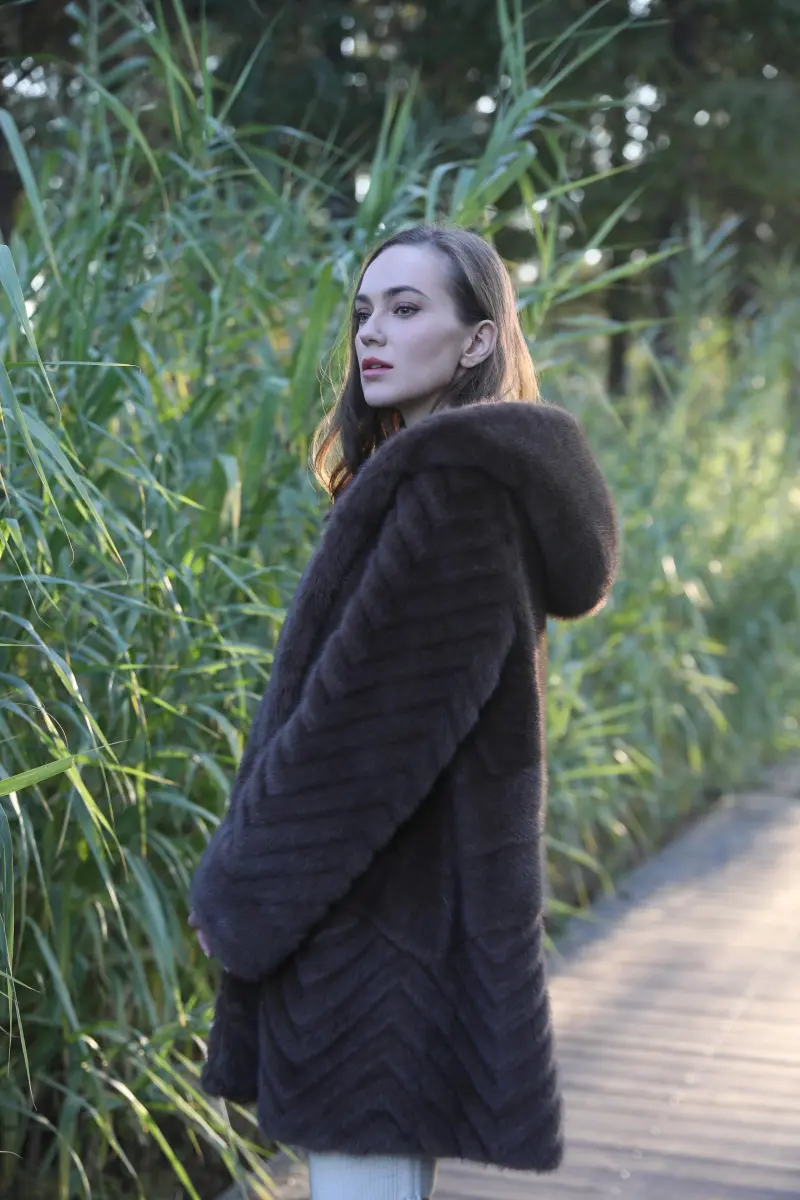 Women's Fashionable Windproof Hooded Pocket Faux Mink Jacket m4