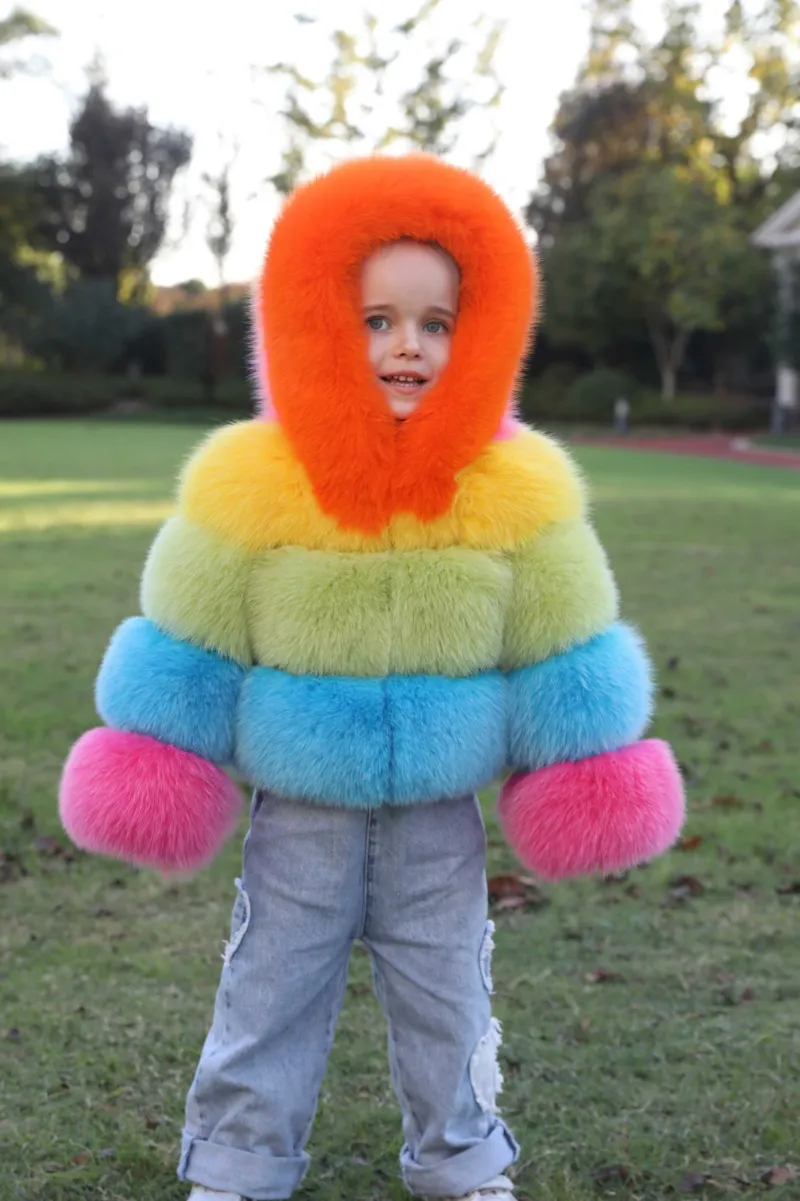 New children's winter three sections splicing fox fur hooded jacket colorful coat m4