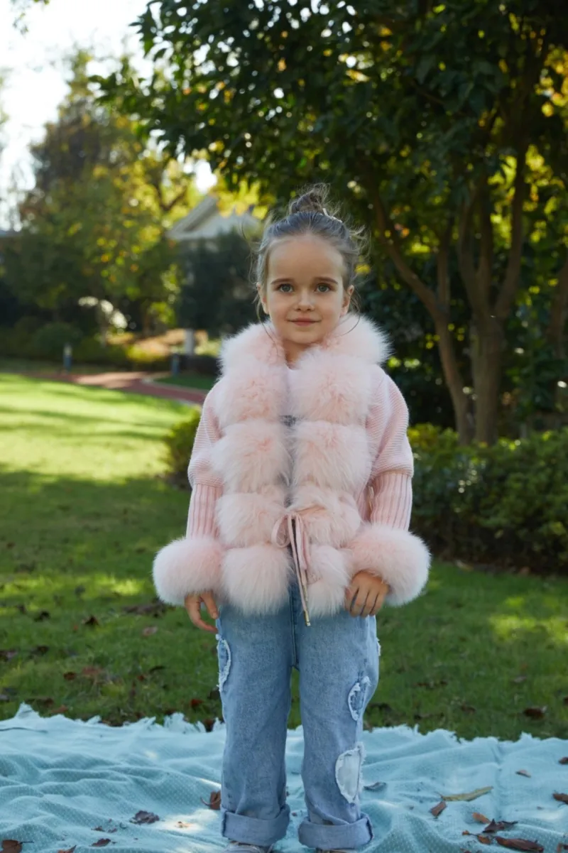 Little Girl's Pink Knitted Children's Coat With Fox Fur Trim