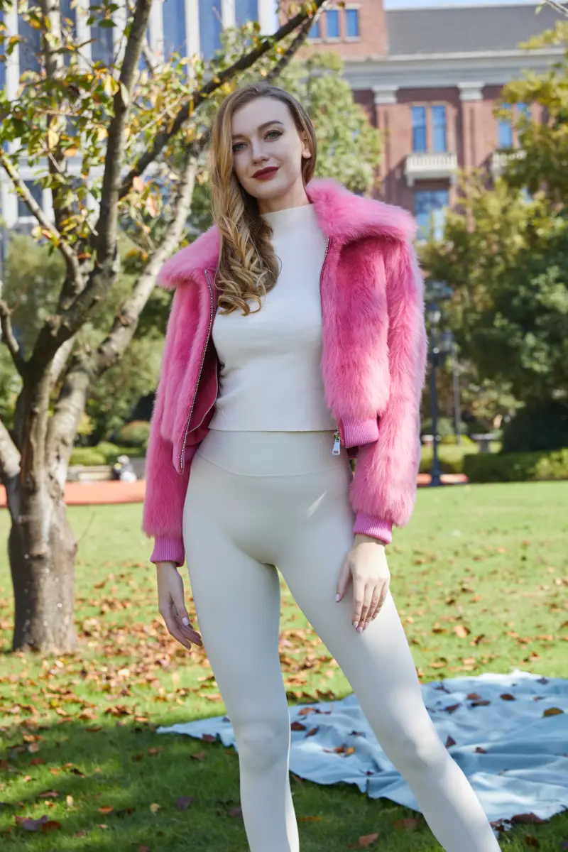 Short Leather and Fur Women's Winter Pink Coat