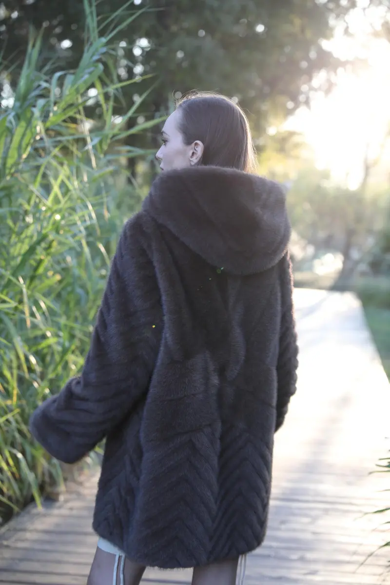 Women's Fashionable Windproof Hooded Pocket Faux Mink Jacket m5