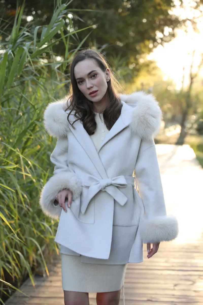  Women's Winter Warm Hooded Reversible Cashmere Short Coat Cuffs with Fur M6