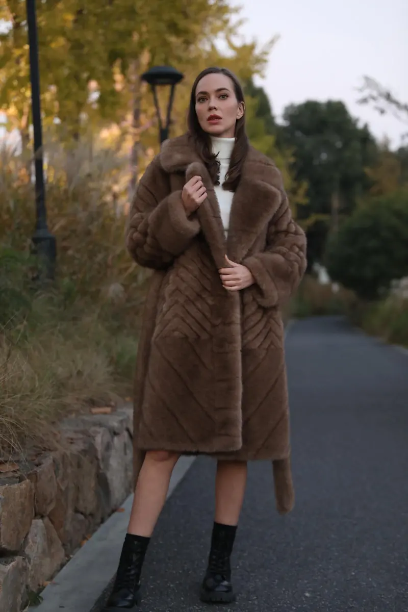 Women's New Fashionable Brown Lace-up Long Faux:Eco Mink Coat m5