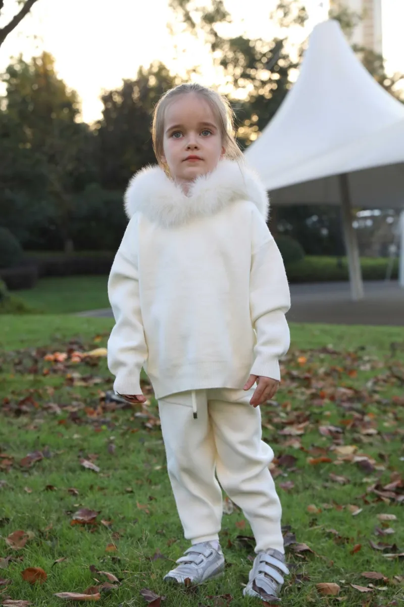 Children's Suit Fall and Winter Fur Collar Hooded Knit Sweatshirt Set