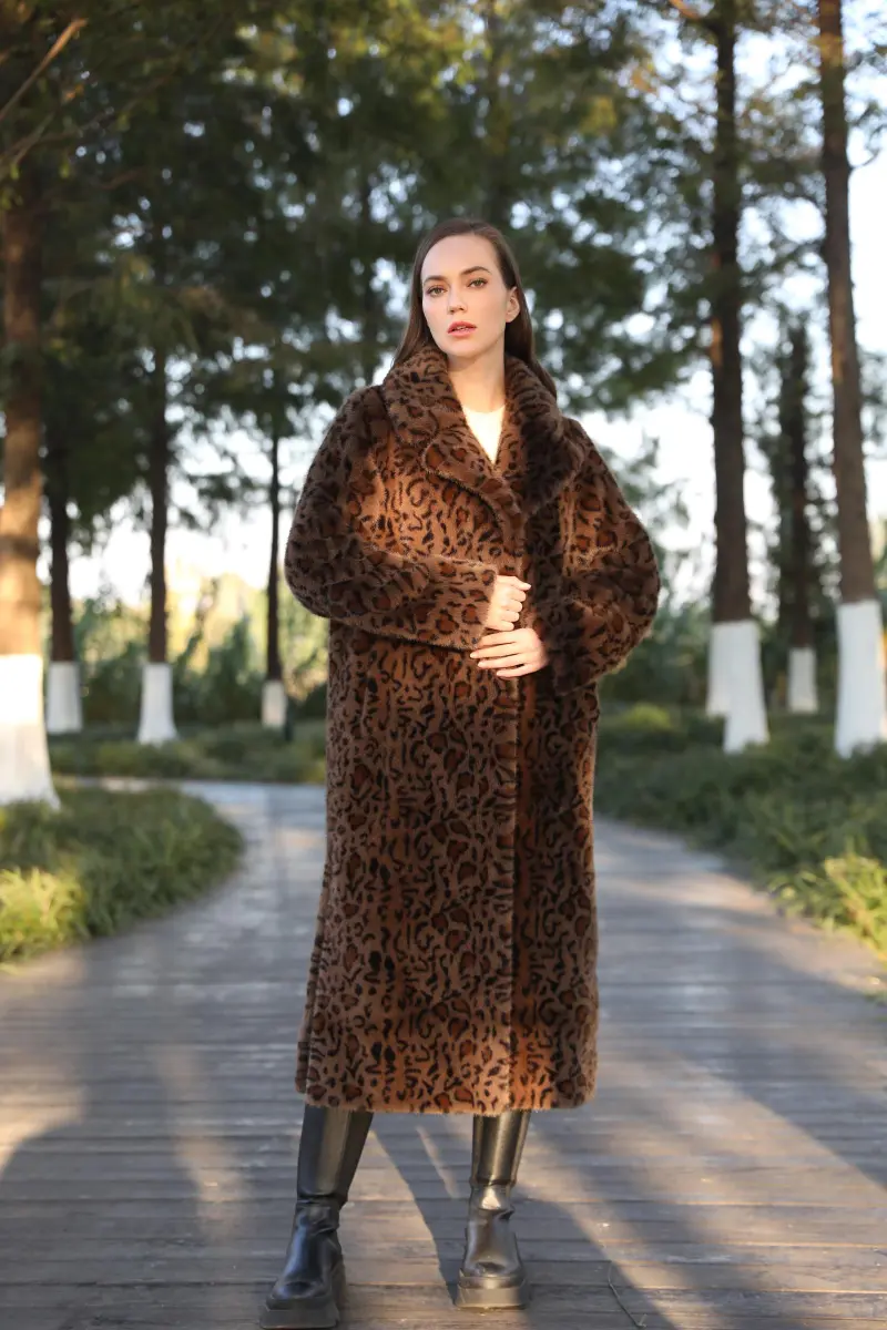 New Trendy Leopard Print Long Faux Mink Jacket Eco Fur m1