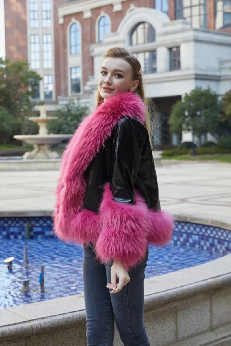 Women's shiny raccoon fur lapel down liner coat m4