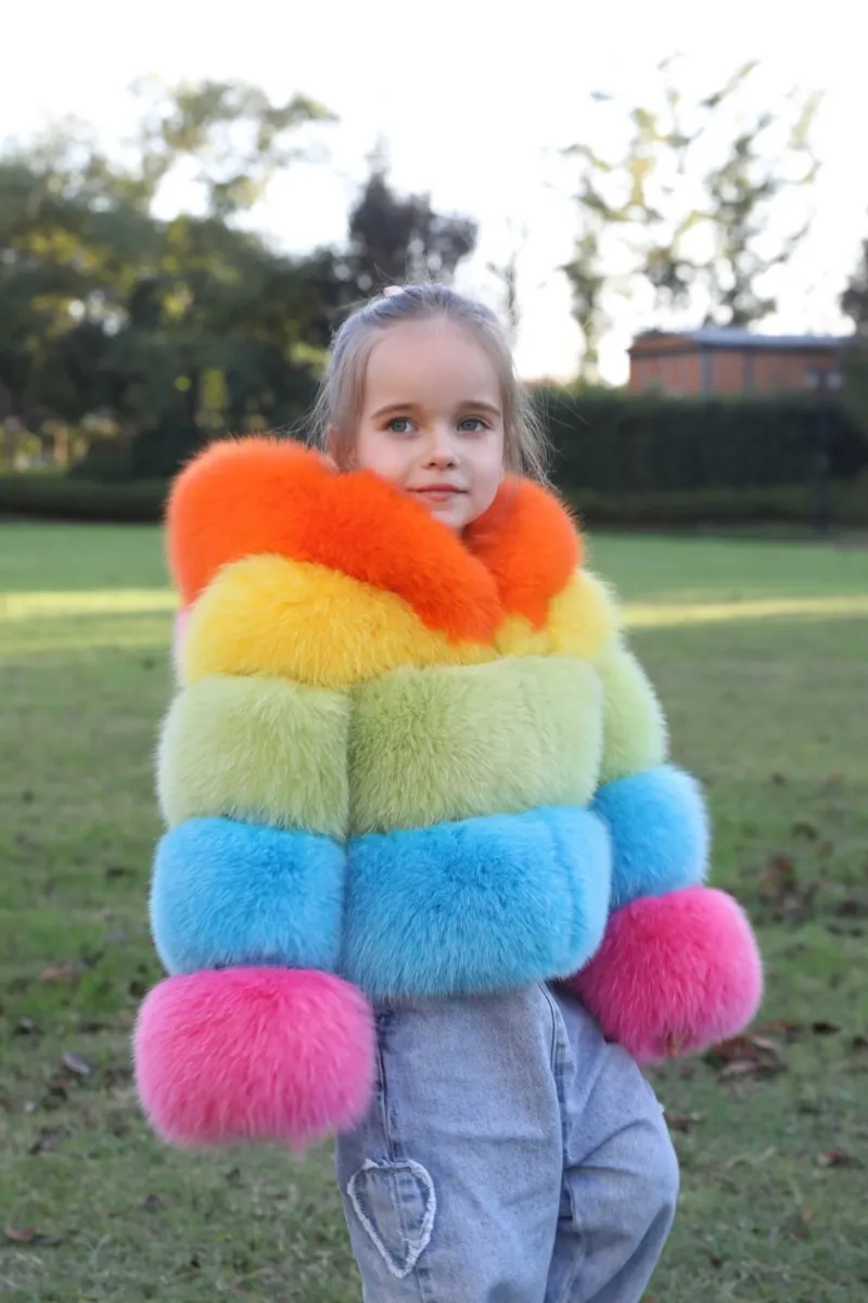 New children's winter three sections splicing fox fur hooded jacket colorful coat m3