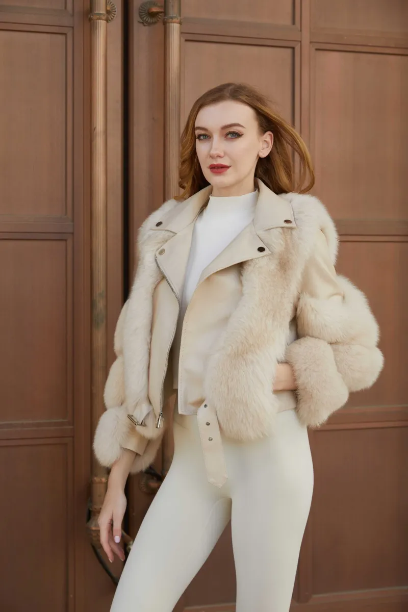 Women's Fall and Winter Fashion Leather Collar Fox Fur Parka M3