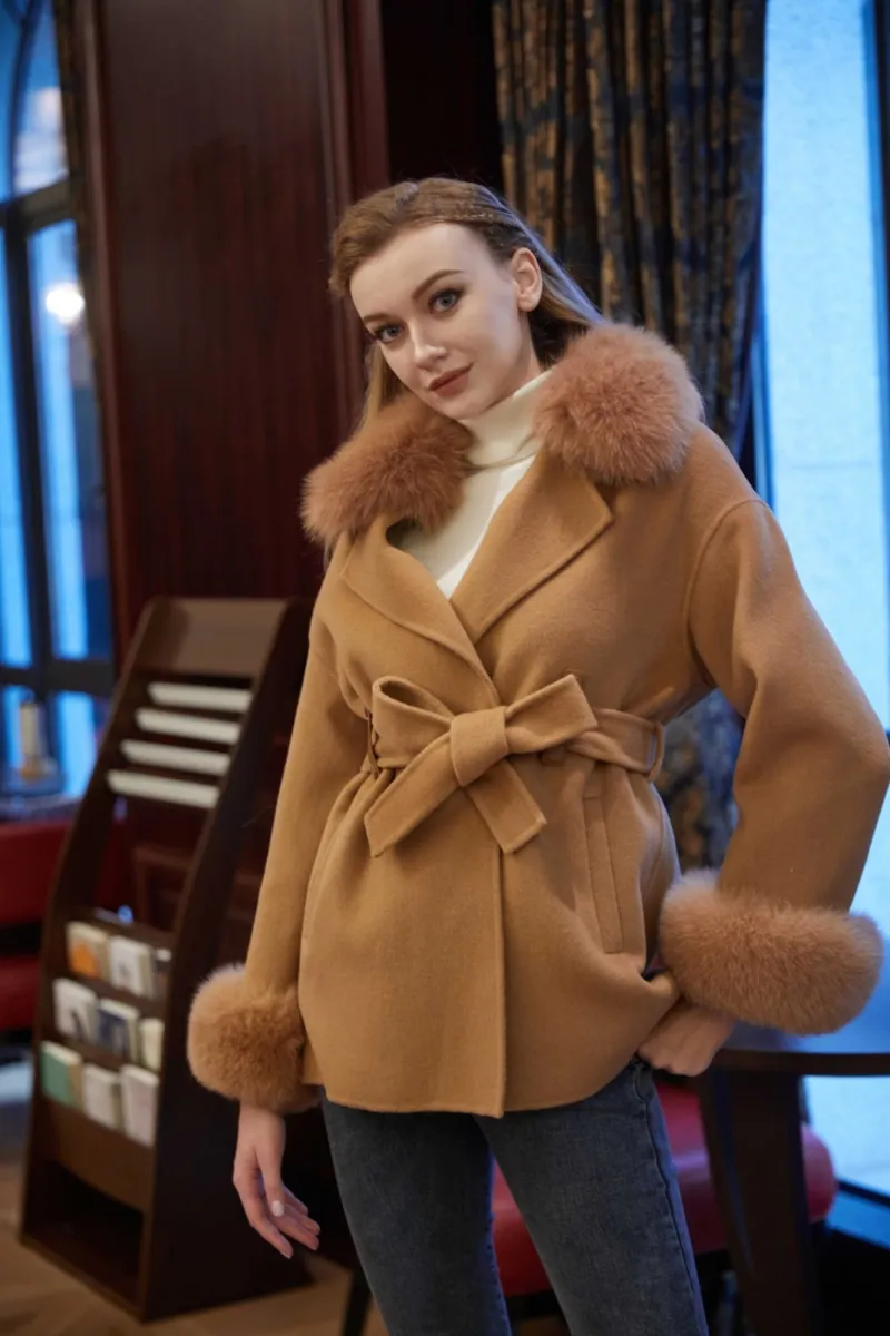 Women's Reversible Cashmere Coat Mid-Length Waistcoat Cuffs Collar With Fur m4