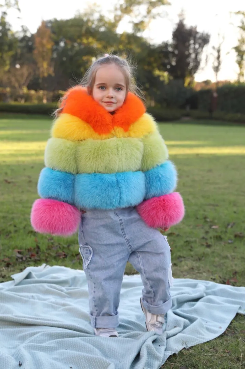 New children's winter three sections splicing fox fur hooded jacket colorful coat m
