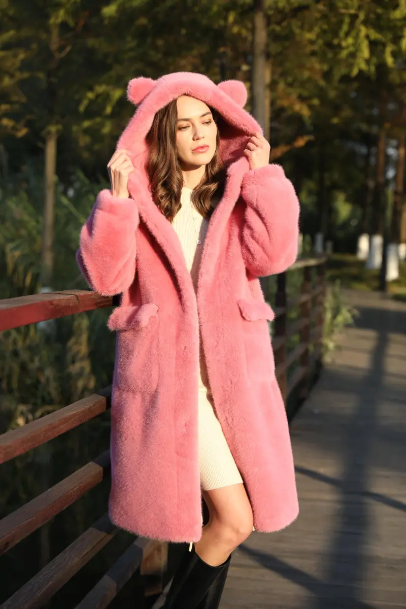 Women's Bear Ears Long Faux:Eco Mink Cute Warm Coat m3