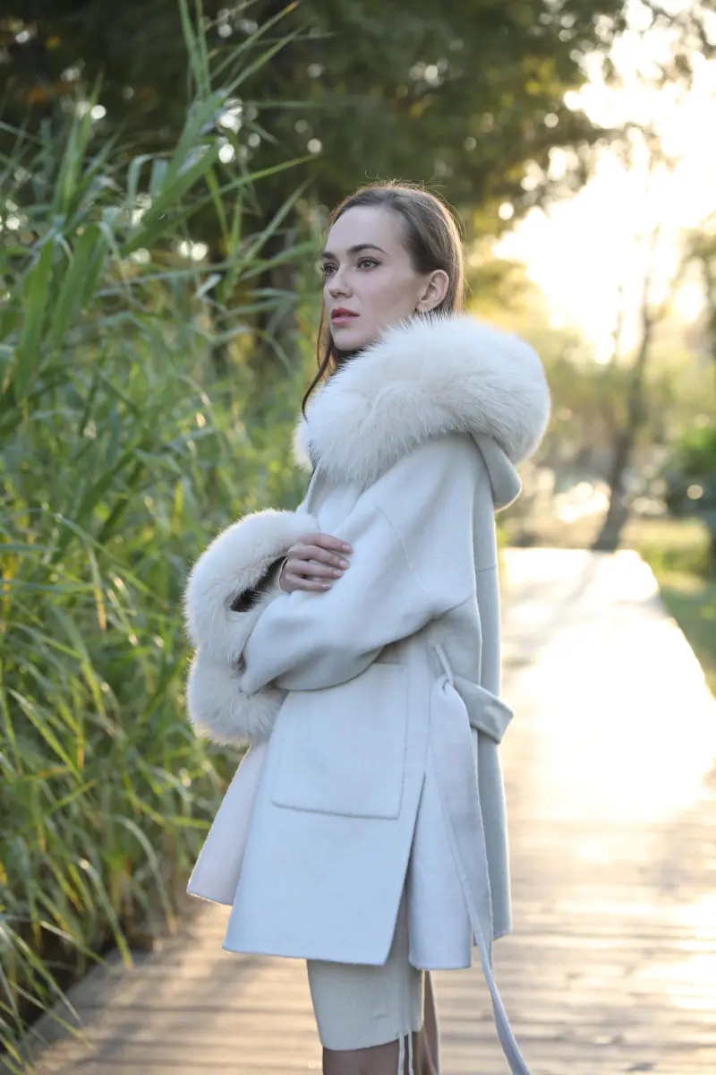 Women's Winter Warm Hooded Reversible Cashmere Short Coat Cuffs with Fur M4