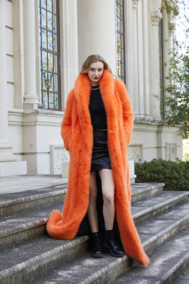 Women's Fox Eco Fur Extra Long Coat m1