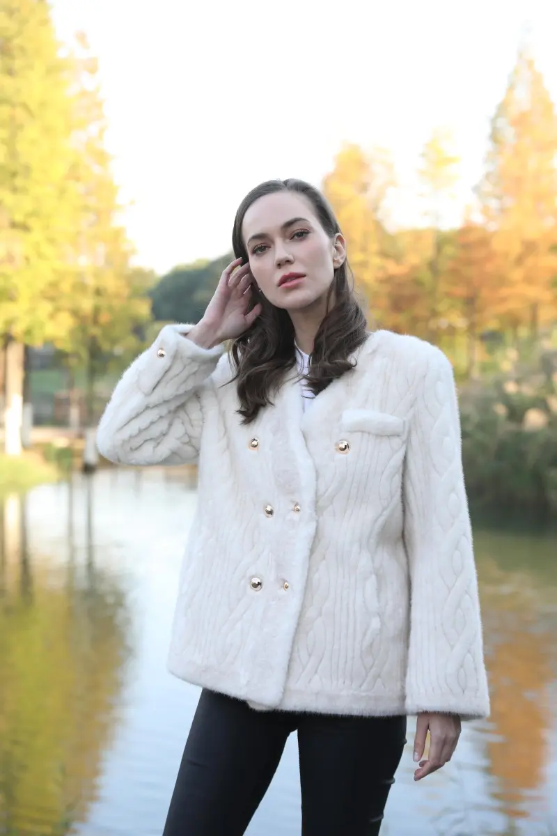 Women's Metal Button V-Neck Elegant Fashion Faux Mink Jacket m5