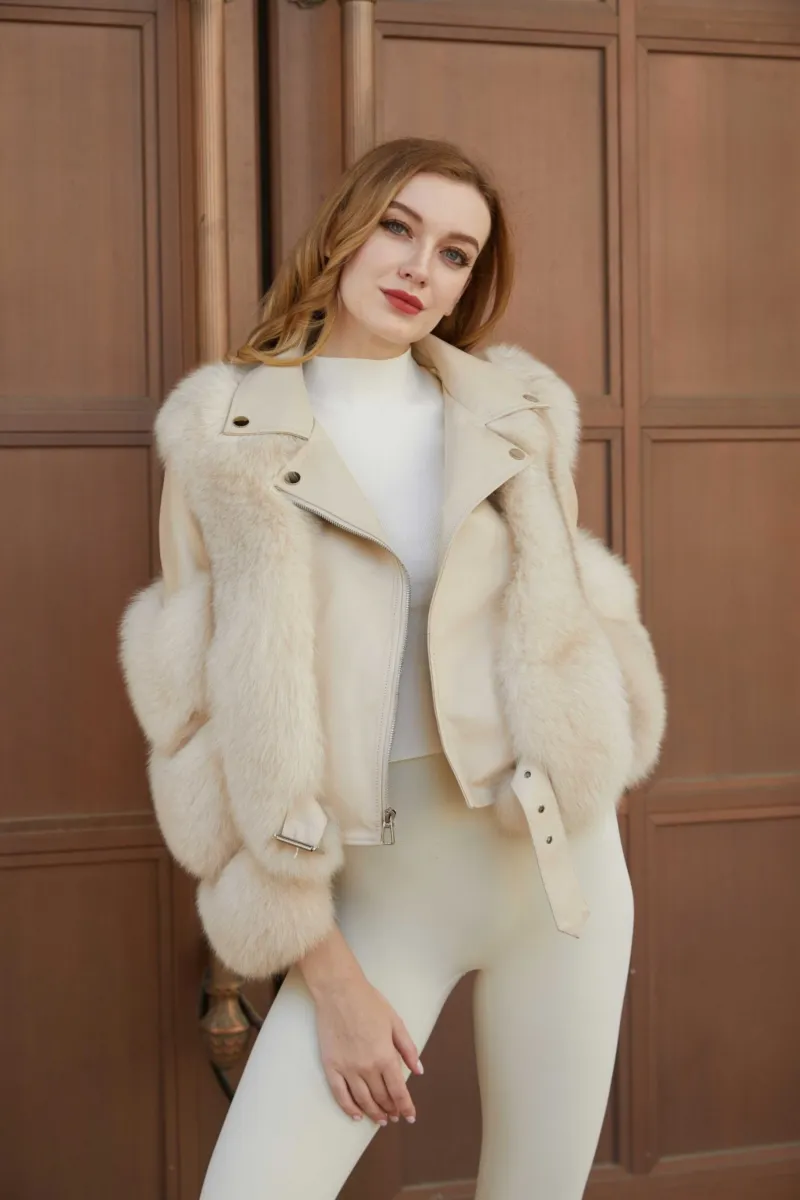 Women's Fall and Winter Fashion Leather Collar Fox Fur Parka M5