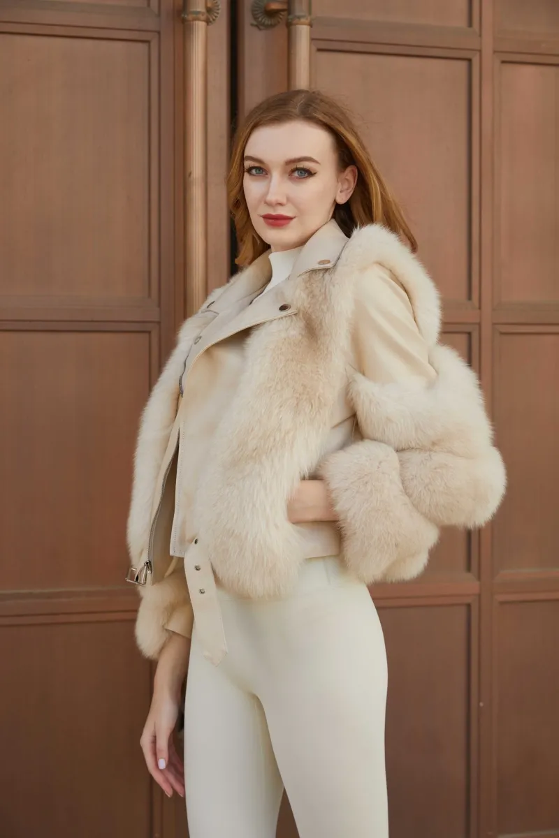Women's Fall and Winter Fashion Leather Collar Fox Fur Parka