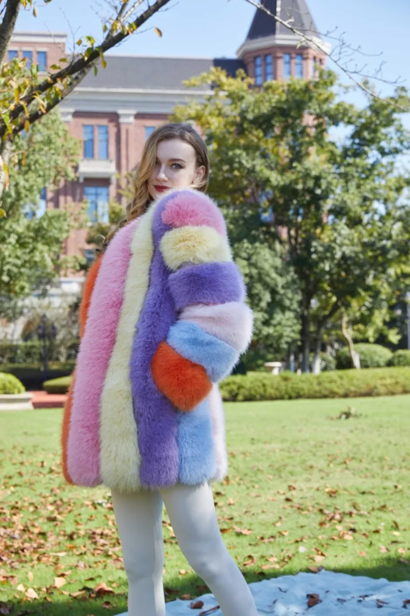 Women's Vertical Stripe Mid-Length Eco-Fox Fur Coat m3