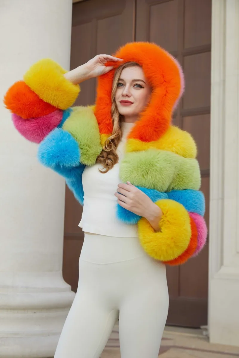 New Women's Winter Rainbow Fox Fur Hooded Coat