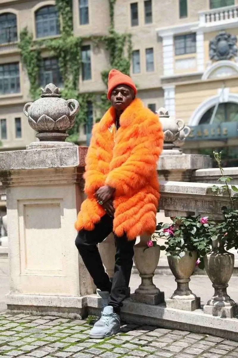 Double-sided Fox Fur Diagonal Stripe Long Coat in orange (3)