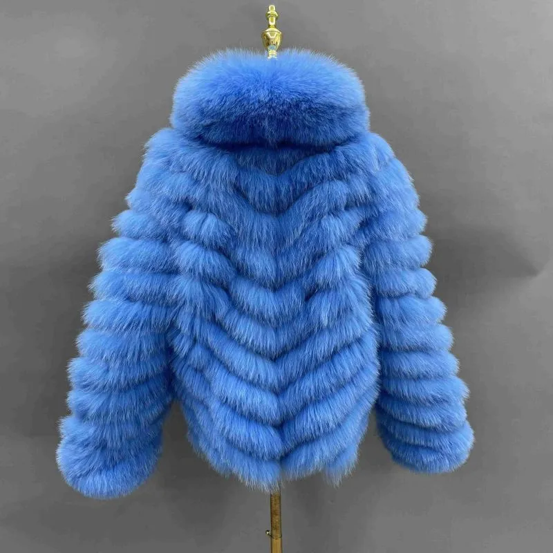 The double-sided fox fur diagonal stripe long coat in blue (10)