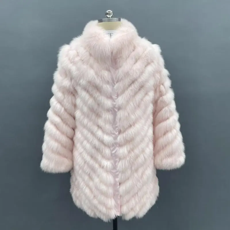 Double-sided Fox Fur Diagonal Stripe Long Coat in Light pink