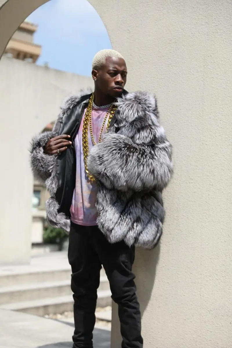Silver fox diagonal stripe coat with a hood (41)