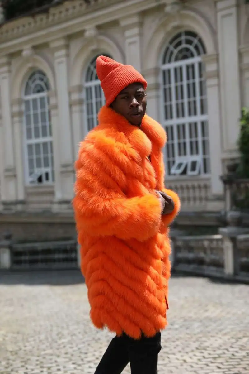 Double-sided Fox Fur Diagonal Stripe Long Coat in orange (40)