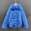 The double-sided fox fur diagonal stripe long coat in blue (1)