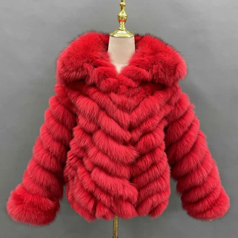 Double-sided Fox Fur Diagonal Stripe Long Coat in red (2)