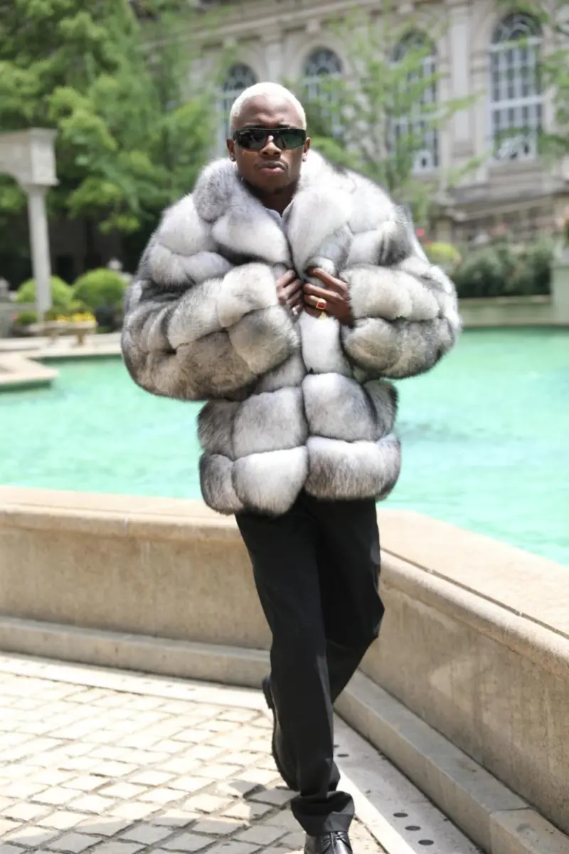 Black And White Fox Fur Coat For Men With Suit Collar