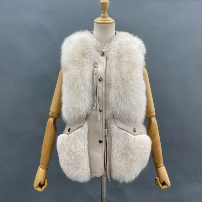 Zipper Decorated Leather Front Fox Fur Vest (2)