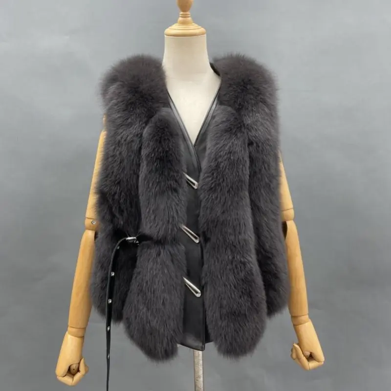 Vertical Stripe Buckle Decorated Draped Fox Fur Vest (Short) (5)